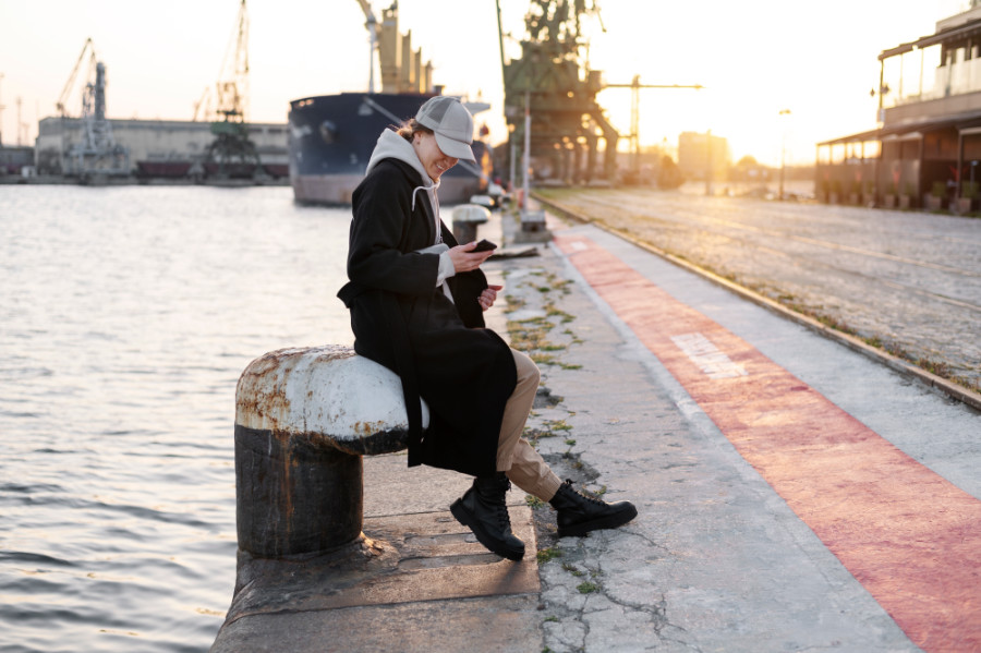 Jonge vrouw met jas en baseball cap zit aan de waterkant in de haven en kijkt op haar smartphone